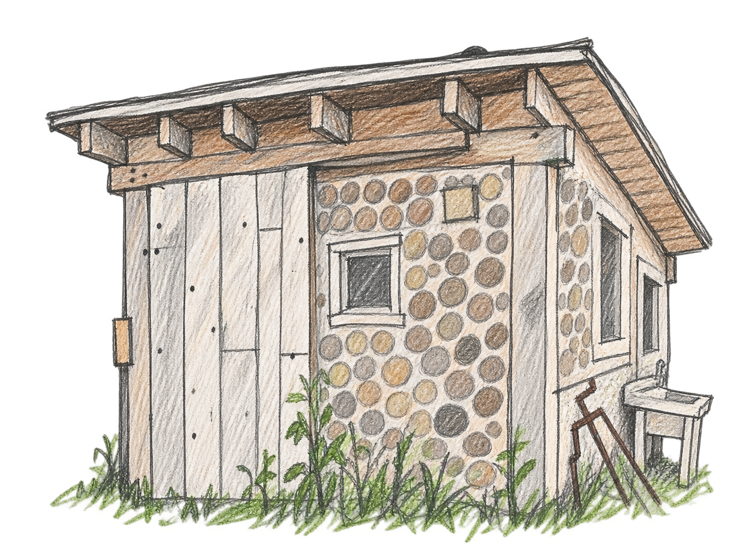 Hand-drawn sketch of the workshop shed
